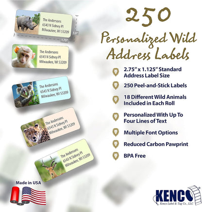 Customized Personalized Address Labels - Made in The USA by Kenco (Wild Animals, 250 Labels)