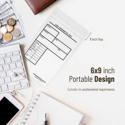 Tamper Proof Bank Deposit Bags - Self-Adhesive Seal, Write-On Surface, 6"x9" Clear Plastic Cash Envelopes | Pack of 100