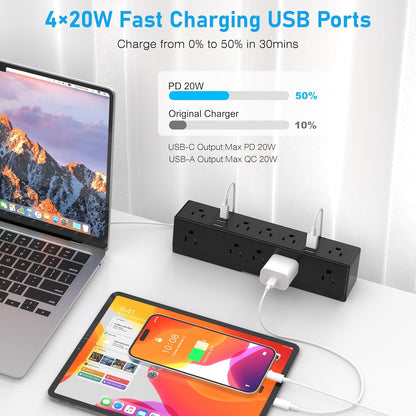 40W Fast Charging Station, VILONG Desk Clamp Power Strip, Desktop Mount Surge Protector, 8 USB Ports(4 USB-C), 10 AC Outlets and 6Ft Cord, for Home, Office, Fit 1.6" Tabletop Edge