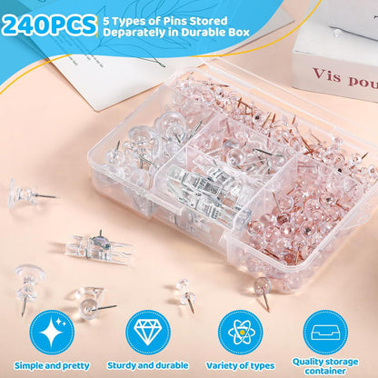 240Pcs Clear Thumb Tacks,5 Style Thumbtacks, Clear Plastic Push Pins for Cork Board, Bulletin Boards, Wall