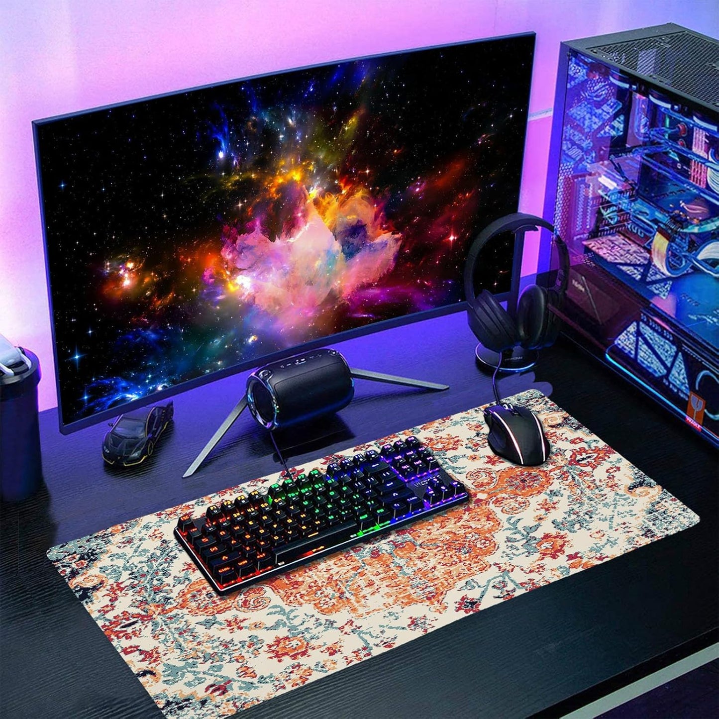 Orange Teal Boho Gaming Mouse Pad Large XL Rug Carpet Bohemian Retro Extended Large Desk Mat Big Mousepad Non-Slip Rubber Base Stitched Edge Long Desk Pad for Desktop Office PC Gamer,20x14 in,60x35cm