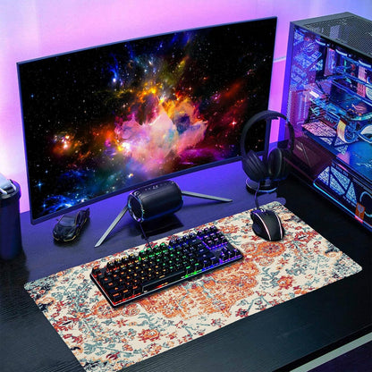 Orange Teal Boho Gaming Mouse Pad Large XL Rug Carpet Bohemian Retro Extended Large Desk Mat Big Mousepad Non-Slip Rubber Base Stitched Edge Long Desk Pad for Desktop Office PC Gamer,20x14 in,60x35cm