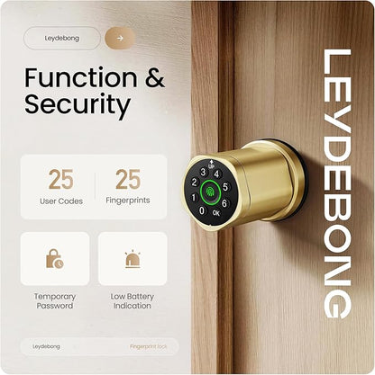 Leydebong 4-in-1 Smart Door Lock with Fingerprint and Keypad - Keyless Entry Electronic Lock with App Control and Mechanical Key - Easy Installation Door Knob with Code in Satin Brass