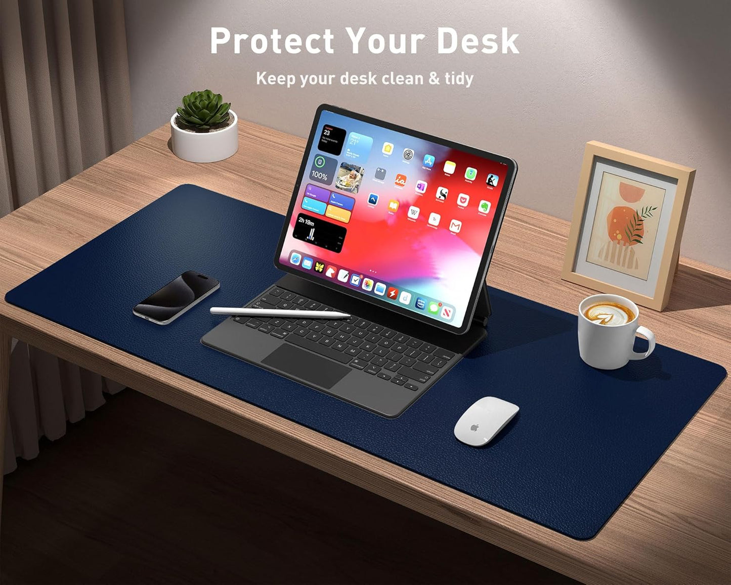 Aothia Leather Desk Pad Protector, Mouse Pad, Office Desk Mat, Non-Slip PU Leather Desk Blotter, Laptop Desk Pad, Waterproof Desk Writing Pad for Office and Home(Dark Blue,31.5" x 15.7")