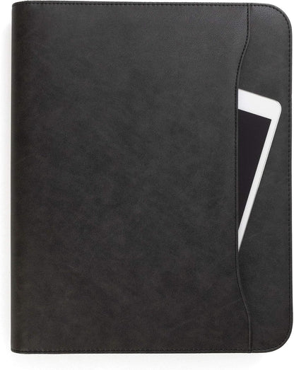 Padfolio Binder - Professional Faux Leather Travel Organizer Pouch for Tablet, Documents, Presentation Folders, Zipper Closure, Notepad - Black