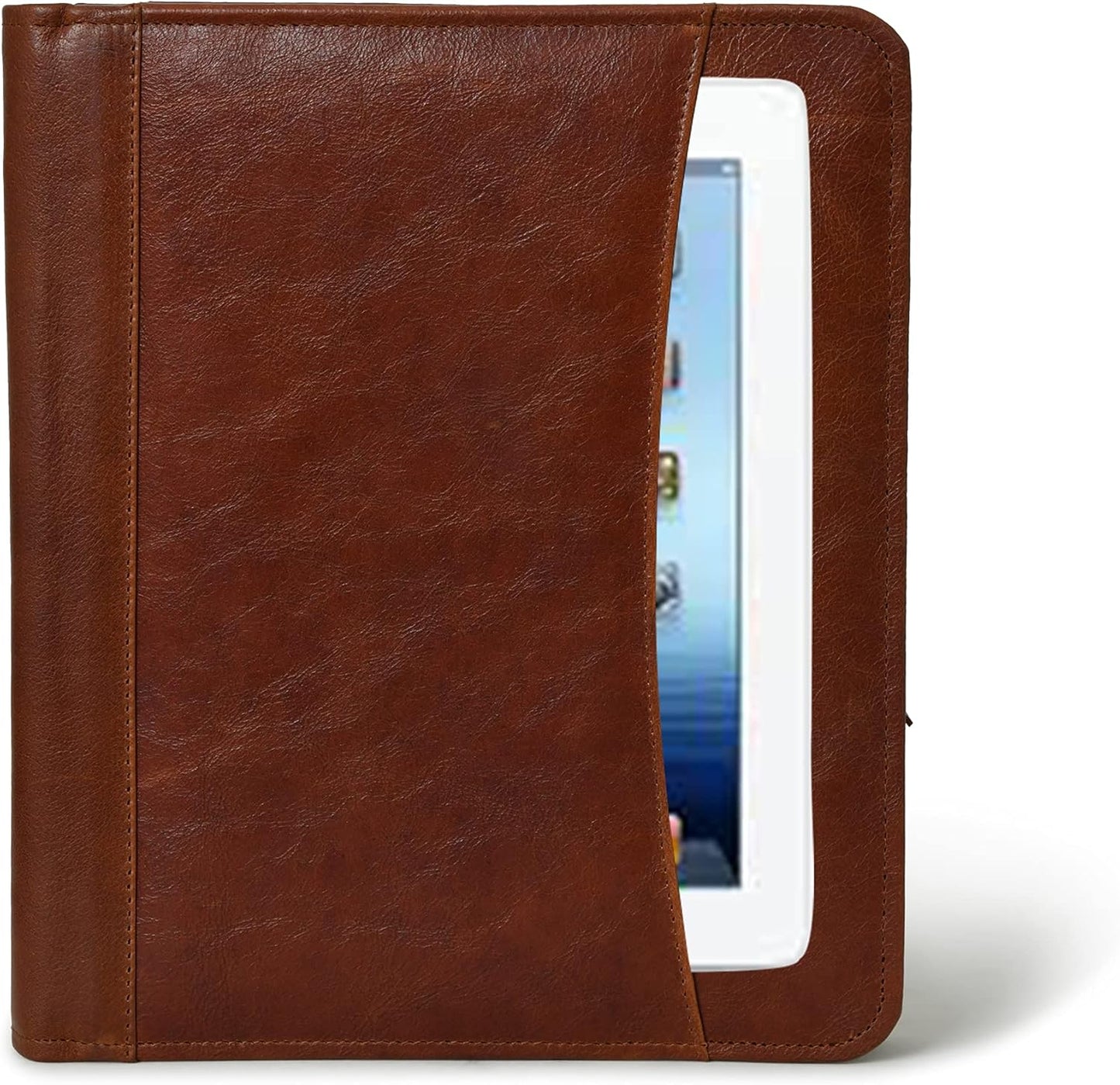 Full Grain Leather Business Portfolio Padfolio Document Organizer with Writing Pad Resume Professional Interview Zipper Writing Notepad Folder for Women Men Cognac
