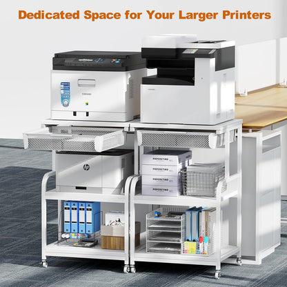 EasyCom Large 3-Tier Rolling Printer Stand with Storage Drawer & 5 Adjustable Shelves Mobile Cart with Industrial Wheels for Home Office Desk Fits 3D Printer, Scanner, and Fax White