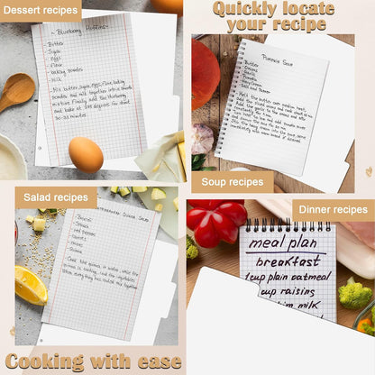 12 Sheet Recipe Dividers for 3 Ring Binder with 4 Tabs 9 3/4”×11” Paper Recipe Binder Dividers Blank Recipe Organizer Personalized Family Recipe Binder for Kitchen (White)