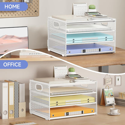 Subekyu Paper Letter Tray Organizer for Desk, White Metal Mesh Desk File Sorter Organizer with Handle and 2 Sliding Trays for Home Office School Supplies Organization