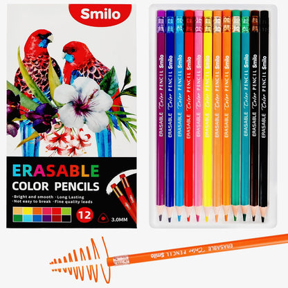 Smilo 12-Count Erasable Colored Pencils with Erasers - Vibrant & Smooth Colors for Drawing, Coloring Books, School Art Projects - Premium Art Supplies for Kids, Adults & DIY Crafts