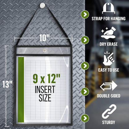 20 Pack Job Ticket Holders 9x12 with Strap - Permit Holder for Documents - Hanging Shop Ticket Holders - Work Order Plastic Sleeves - Dry Erase Pockets Sleeves Mechanic & Automotive Work Order Sleeve