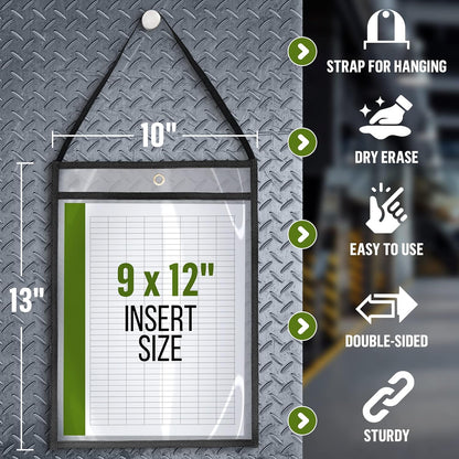30 Pack Job Ticket Holders 9x12 with Strap - Hanging Shop Ticket Holders - Work Order Plastic Sleeves for Documents - Dry Erase Pocket Sleeves - Dry Erase Pockets - Clear Pocket Sleeve 9 x 12