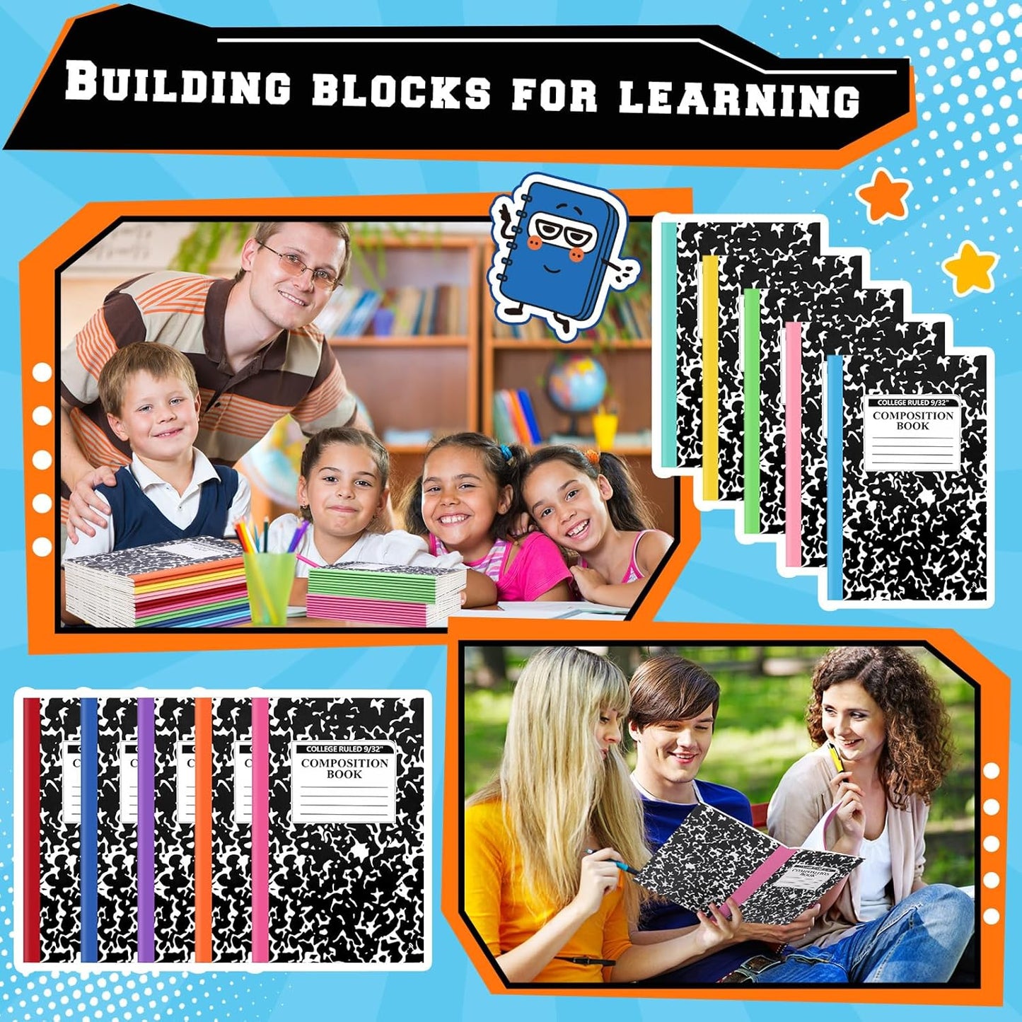 Fainne 100 Pack A5 Composition Notebooks Bulk College Ruled Composition Notebooks Marble Covers Notebook for Student Classroom Office Supplies 30 Sheet/60 Page(Multicolor Spine)