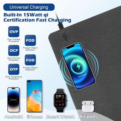 Wireless Charging Desk Mat with Desk Pad for Desktop Charging Large Mouse Pad Waterproof Leather Computer Mat Mouse Pad Non-Slip Protector on Top of Desks for Keyboard and Mouse (black-l, 32*16inch)
