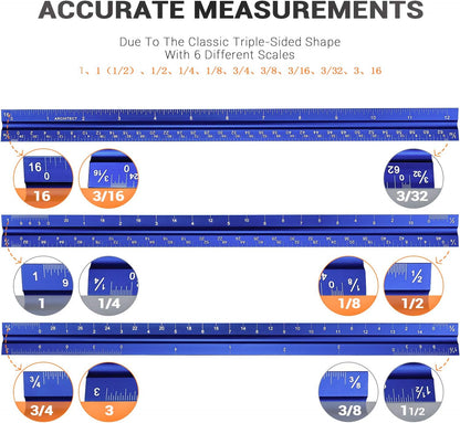 12" Architectural Scale Ruler Aluminum Architect Scale Triangular Scale Ruler for Architects, Draftsman, Students and Engineers, Blue