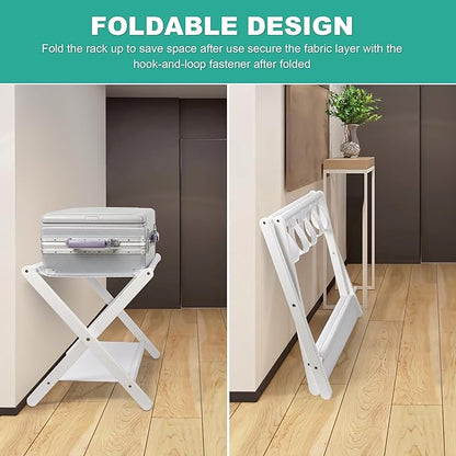 VASMIA Luggage Rack, Folding Suitcase Stand with Storage Shelf Set of 2, Bamboo Luggage Stand for Guest Room,Bedroon and Hotel,Holds up to 131 lb,Fit Most Luggage Size,White