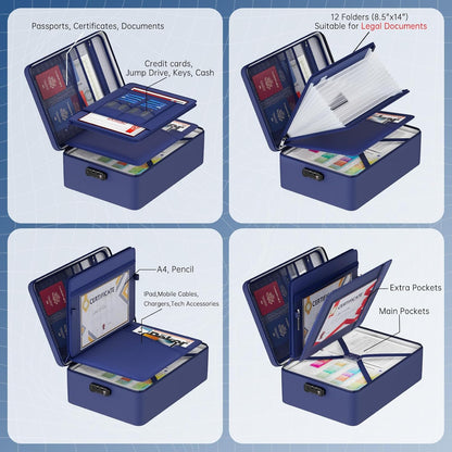 5200℉ Fireproof Document Bag, Insulated Document Box with Lock, Important Document Organizer with Waterproof Zipper, Portable Soft Home Travel Office Safe Storage with 13 Accordion File Folder,Blue