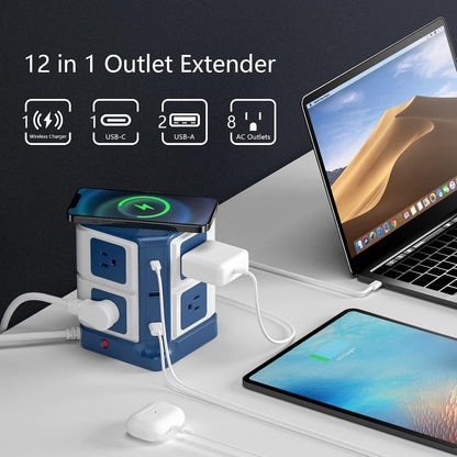 PD 20W USB C Power Strip with Wireless Charger BESTEK 8-Outlet Surge Protector and 30W 3-Port USB Charging Dock Station,4000 Joules,ETL Listed,Dorm Room Accessories (8AC+3USB+Wireless Charger-Blue)