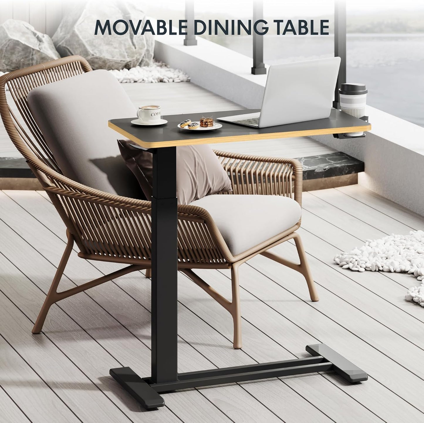 FLEXISPOT Mobile Standing Desk with Wheels Pneumatic Laptop Desk Rolling Computer Cart Movable Height Adjustable Small Sit Stand Desk Computer Workstations Home Use（31.5" W x 17.7" D, Black+Maple