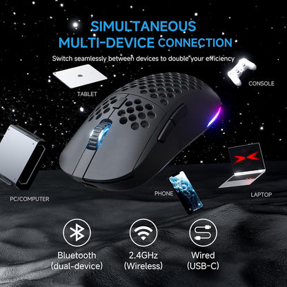 TMKB Falcon M1 Wireless Gaming Mouse, 24000DPI Optical Sensor, 180Hrs Battery, Lightweight, 6 Programmable Buttons, RGB Strip, 2.4G/BT5.2/USB-C Wired for PC/Mac/Laptop - Matte Black