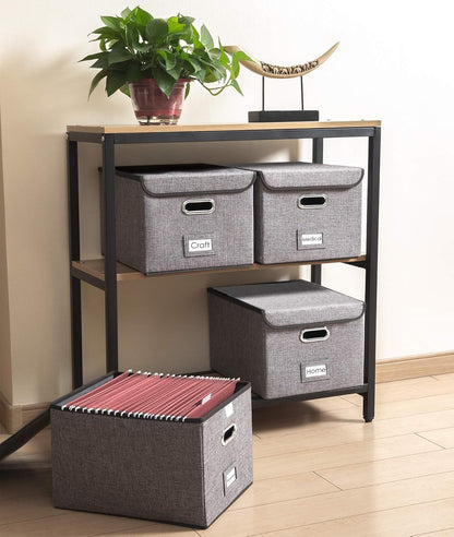 PRANDOM File Organizer Box - Set of 4 Collapsible Decorative Linen Filing Storage Hanging File Folders with Lids Office Cabinet Letter Size (15x12.2x10.75 inch)