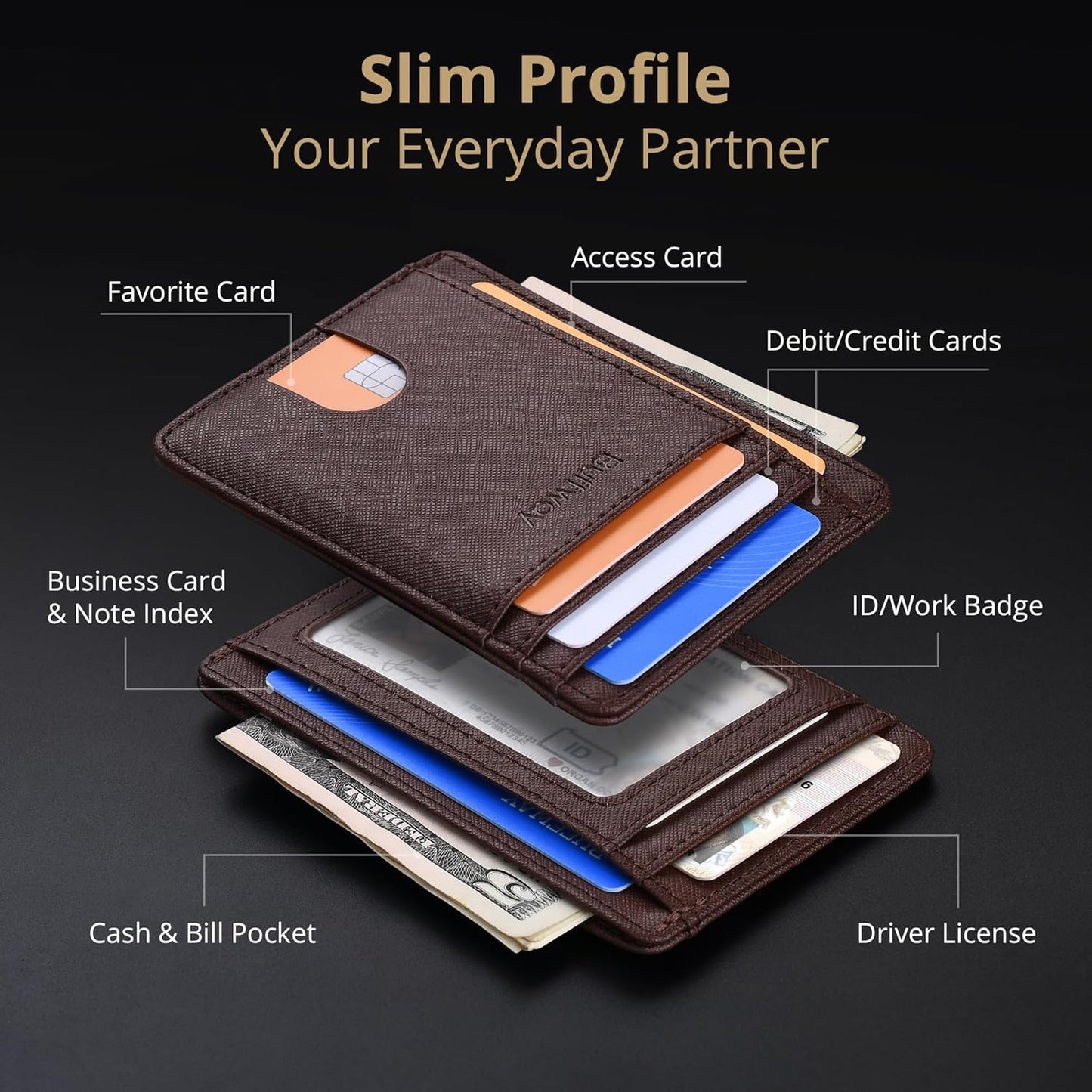 Buffway Slim Minimalist Front Pocket RFID Blocking Leather Wallets for Men and Women - Cross Coffee