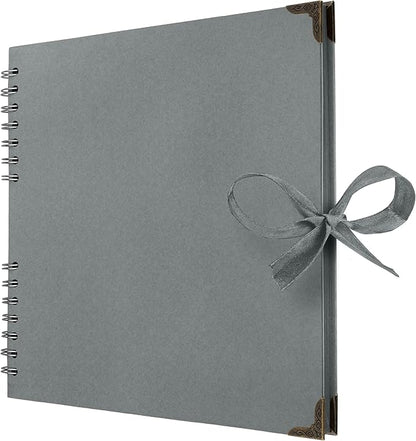 Bstorify 10 x 10 Inches Scrapbook Album 70 Pages Grey Thick Kraft Paper Corner Protectors, Ribbon Closure - Ideal for Your Scrapbooking, Art & Craft Projects (Grey, 10 x 10 Inch)