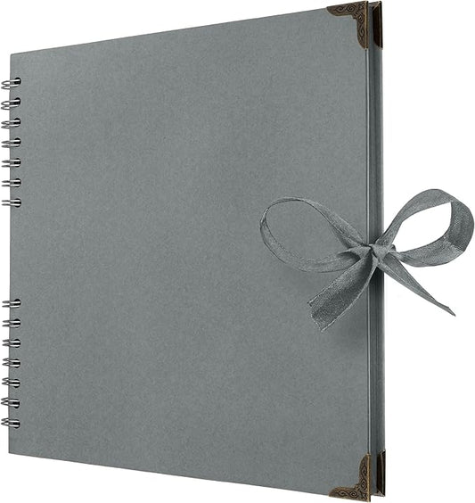 Bstorify 10 x 10 Inches Scrapbook Album 70 Pages Grey Thick Kraft Paper Corner Protectors, Ribbon Closure - Ideal for Your Scrapbooking, Art & Craft Projects (Grey, 10 x 10 Inch)
