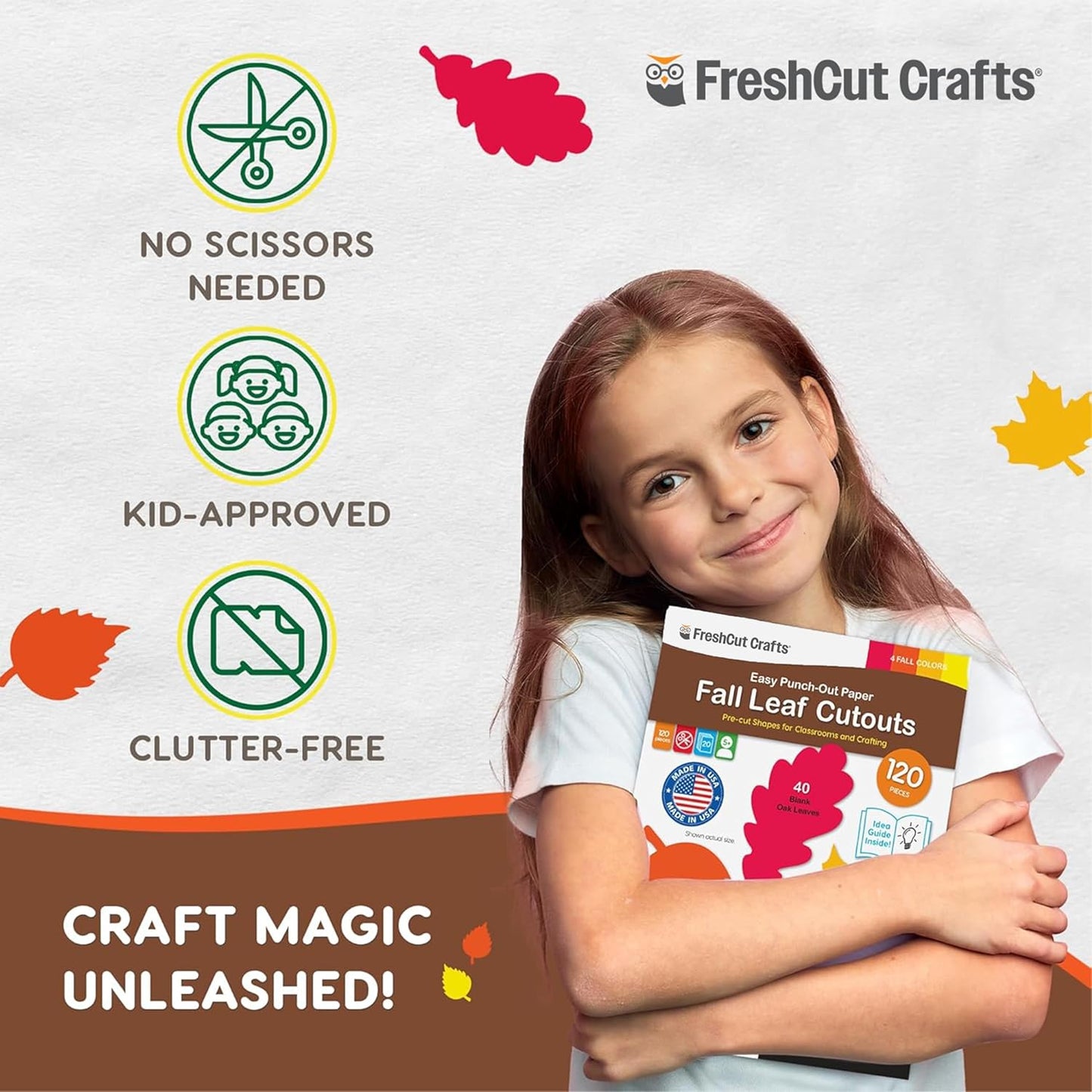 120 Pieces Fall Leaf Paper Cutouts with IDEA Guide, 2-Sided US Made Card Stock Punch Out Maple, Oak, and Birch Leaves for Bulletin Boards, Classroom Decor, Autumn Crafts, DIY Scrapbook, and Posters