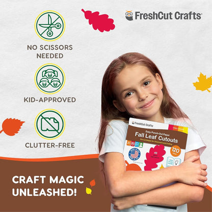 120 Pieces Fall Leaf Paper Cutouts with IDEA Guide, 2-Sided US Made Card Stock Punch Out Maple, Oak, and Birch Leaves for Bulletin Boards, Classroom Decor, Autumn Crafts, DIY Scrapbook, and Posters