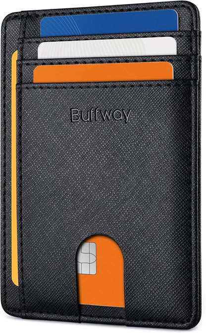 Buffway Slim Minimalist Front Pocket RFID Blocking Leather Wallets for Men and Women - Cross Black