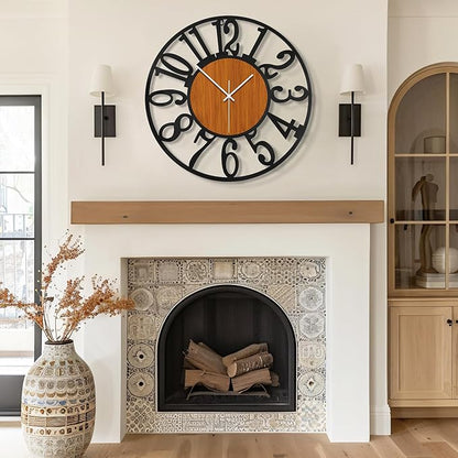 Maxstar Large Round Wall Clock for Living Room Decor Battery Operated Non Ticking Black Metal Wood Clocks for Home Living Room Garden Office Kitchen Decoration -24 inch