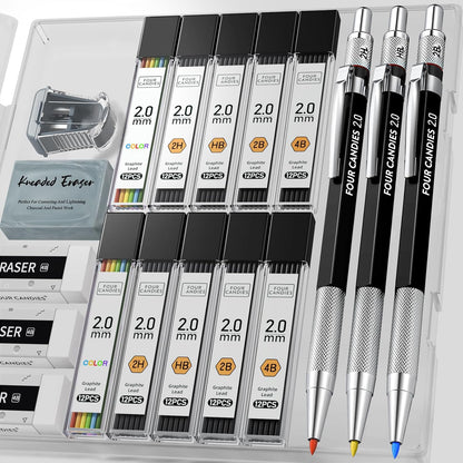Four Candies 3PCS 2MM Mechanical Pencils with case, Artist Led Pencil Metal Lead Holder with 120 Graphite Lead Refills(HB 2H 2B 4B Color), 4 Erasers, Sharpener, Drafting Pencil for Drawing, Sketching