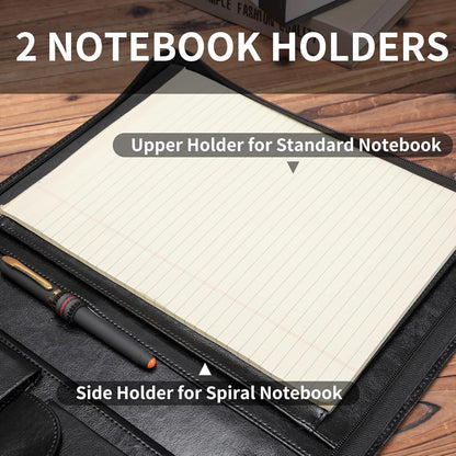 Vegan Leather Portfolio with Front Pocket for Men and Women, Zippered Padfolio Binder 8.5 x 11 Legal Pad Notebook Holder, Fits 13” Laptop, Professional Work File Case, Black