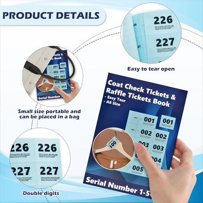 500 Pcs Coat Check Tickets 2 Part Book Bulk 5.8x4.2 Inch A6 Paper Coat Room Tags Raffle Tickets Coat Check Tags 1 to 500 with Hole for Cloakroom Storage or Event Raffle Draws (Blue) (1)
