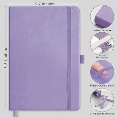 RETTACY Lined Journal Notebook, 2-Pack, 192 Numbered Pages per Pack, A5 Medium Size (5.7'' x 8.3''), for Men & Women, Writing, Work, Leather Hardcover, 100 GSM Thick Paper (Black & Purple)