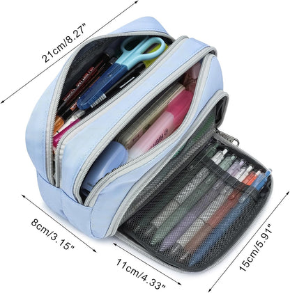 XQXA Pencil Pouch Large Capacity Pencil Case Organizer, Multifunctional Pencil Pouch with 3 Compartmens, Big Pencil Bag for Office Travel Men Women Adult (01-Haze Blue)