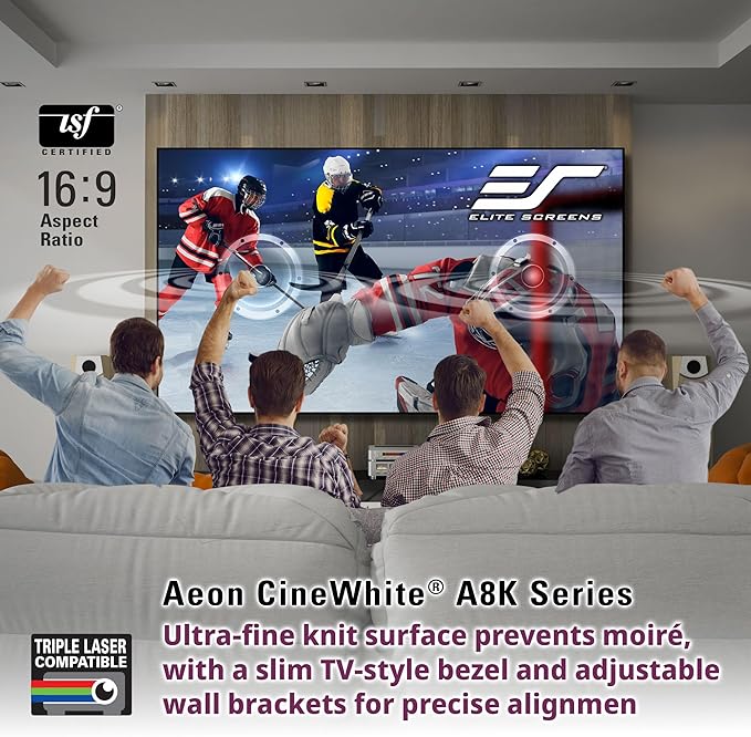 Elite Screens Aeon CineWhite A8K, 135" Diag, 16:9 Aspect Ratio, ISF Certified 8K Ultra HD Home Theater Fixed Frame Edge Free Projection Sound Transparent Perforated Weaved Screen, AR135H-A8K