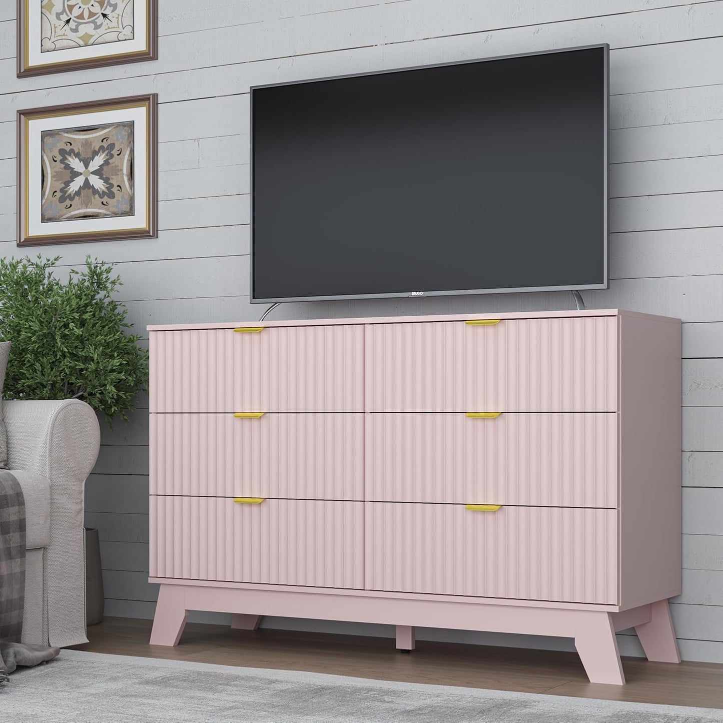 Fluted 6 Drawer Dresser, 47.2" Wide Modern Boho Chest of Drawers, Wooden Storage Dresser TV Stand for Bedroom, Living Room, Closet, Hallway, Curved Profile Design