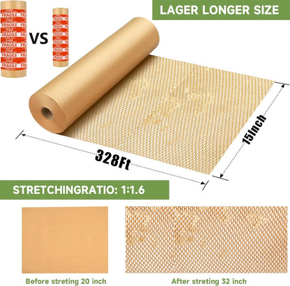 Honeycomb Packing Paper Wrap 15''x328', Substitute Alternative for Bubble Cushioning Wrap for Moving Shipping Packaging, Recyclable Moving Supplies with 48 Fragile Sticker Labels