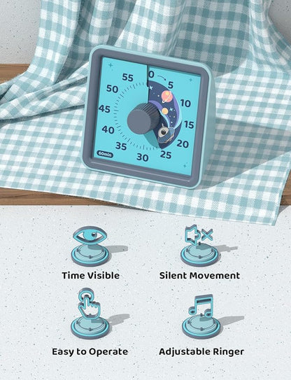 LIORQUE 60 Minute Visual Timer for Kids, Visual Countdown Timer for Classroom Office Kitchen with 'Space Ship' Pattern Design, Pomodoro Timer with Silent Operation (Batteries Included)