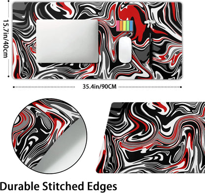 Black Red Swirl Gaming Mouse Pad XXL Gray Marble Grey Fluid Design Extended Large Mat Mousepad Desk Pad Non-Slip Rubber Base Stitched Edge Keyboard Pad Playmat for Computer,35.4×15.7 Inch
