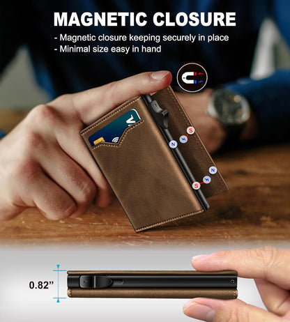 Wallet for Men,with Cash Pocket 2 ID Window 9-13 Cards,Metal Case Smart Slim Pop Up Credit Card Holder Flip with Magnetic Closure RFID Blocking Trifold wallet with Gift Box