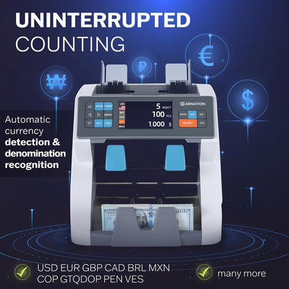 Carnation CR8 Mixed Denomination Money Sorter with Built-in Printer – Bank-Grade Bill Counter with Counterfeit Detection, Serial Number Tracking, Multi-Currency Support & 2 CIS Sensors