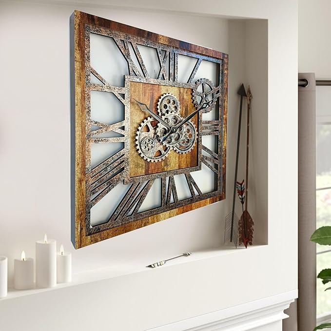 ImprovingLife The Gears Clock 24'' Inch Square Real Moving Gear Wall Clock Vintage Industrial Oversized Rustic Farmhouse (Vintage Brown)