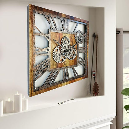 ImprovingLife The Gears Clock 24'' Inch Square Real Moving Gear Wall Clock Vintage Industrial Oversized Rustic Farmhouse (Vintage Brown)