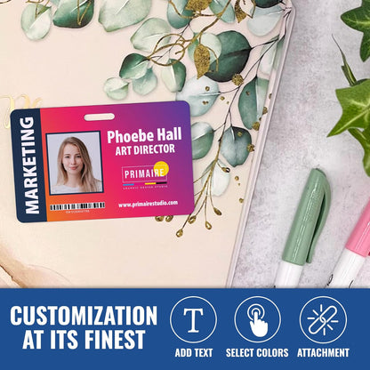Custom Print Employee ID Badge with Vertical Side Text, Double Sided Print with Name, Photo, Logo, and Barcode – Unique Photo ID Card Solution (ID Horizontal)