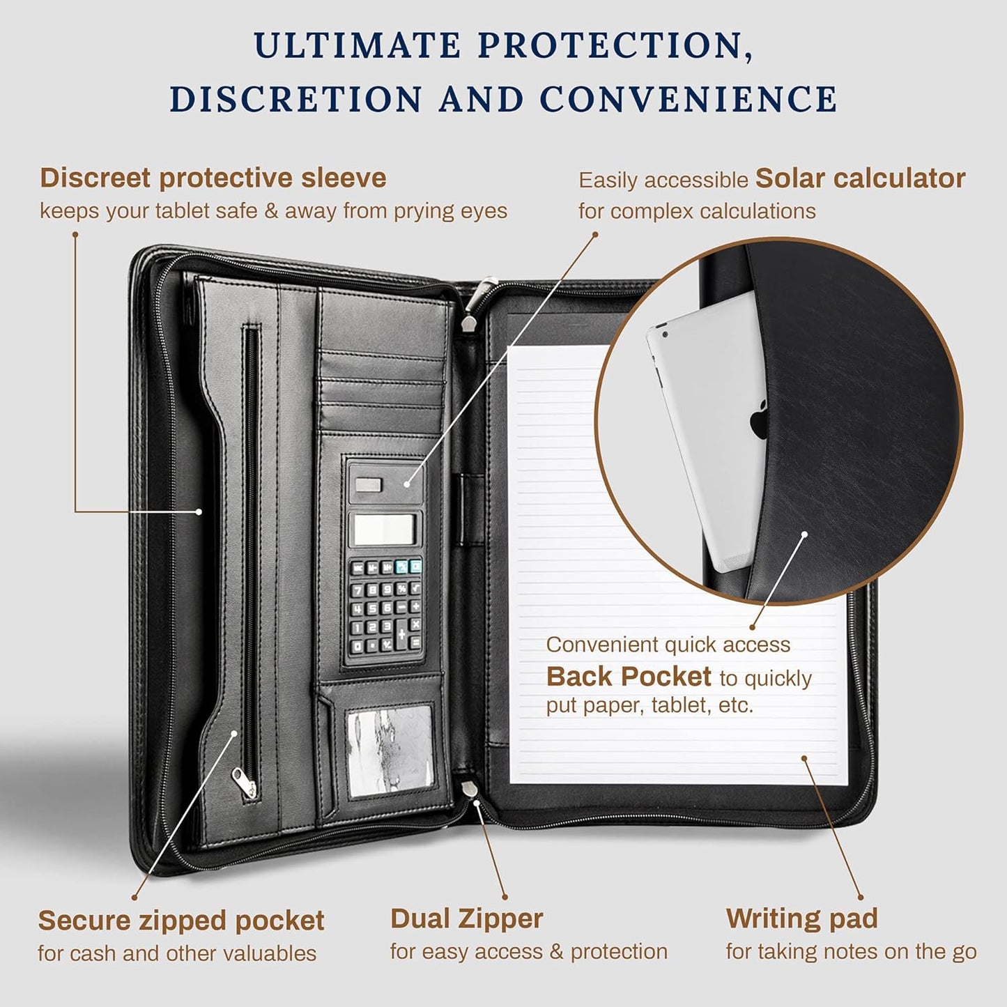 Cossini Black Superior Vegan Leather Business Portfolio with Zipper – Padfolio All-in-One. Smartest Protective 10.1 Inch Tablet Sleeve, Presentation Slot, Solar Calculator, Card Storage, Writing Pad