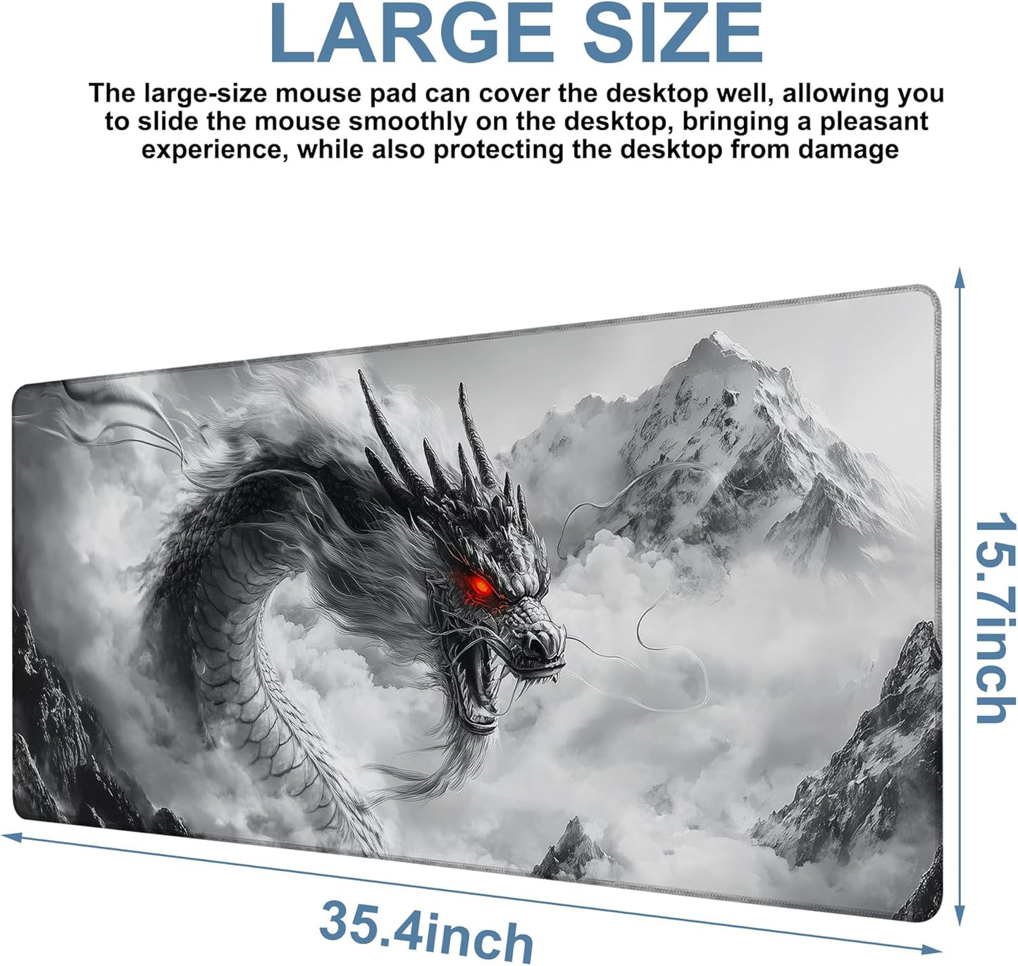 Large Mouse Pad Chinese Dragon Gaming Desk Pad Computer Keyboard Non-Slip Waterproof Mouse Mat with Rubber Base and Stitched Edges Entertainment Office Writing Desk Mat 35.4 x 15.7 Inches