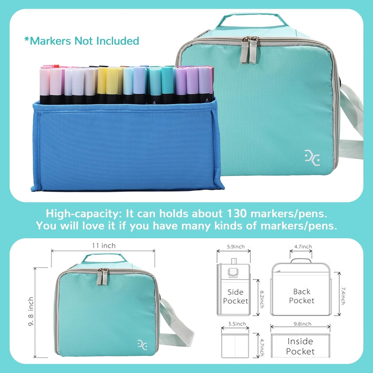 Togood Storage Tote Bag for Marker Pens Brush Pen Coloring Pencils Books Art and Crafts Supplies Tools Cosmetics, Up to 130 Pens,light green